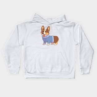 Tricolor corgi wearing a blue sweater Kids Hoodie